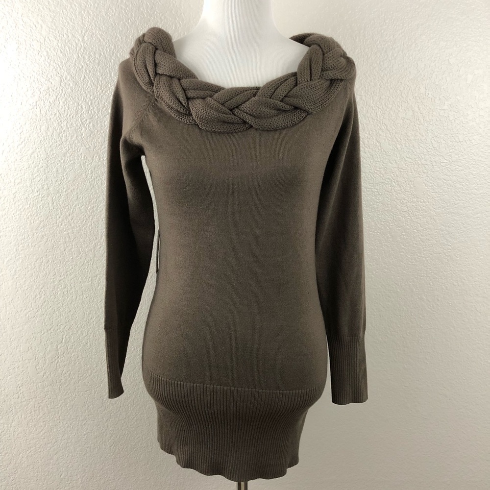 Venus Off the Shoulder Braided Taupe Sweater Too M